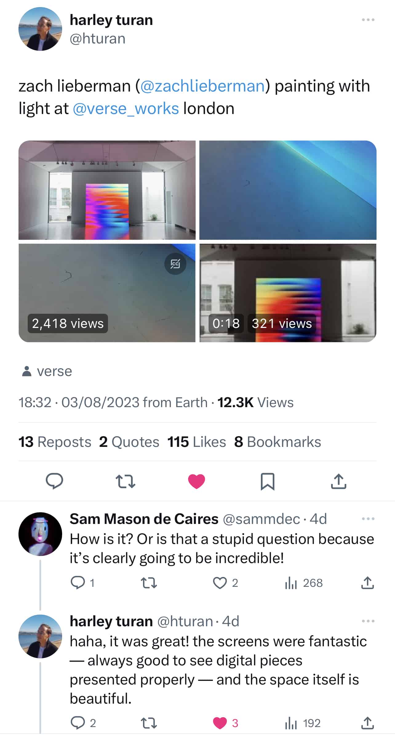 Screenshot of a visitor's post on X showing the Dynamo LED screen at Zach Lieberman's Verse exhibition in London and praising the screens