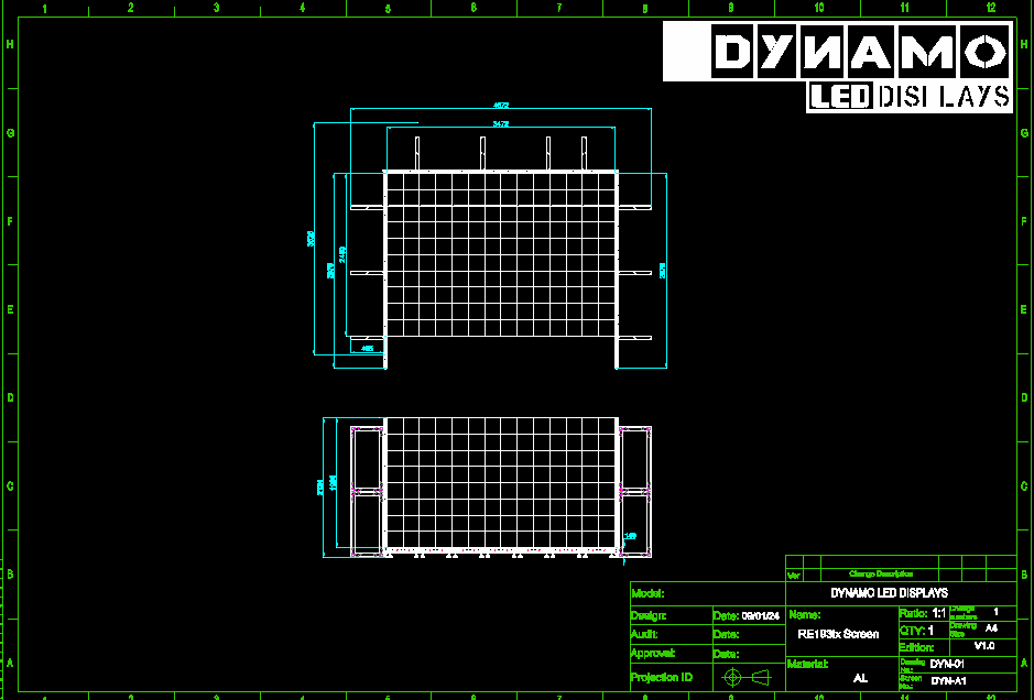 CAD layout showing an LED cabinet grid and finished-screen dimensions