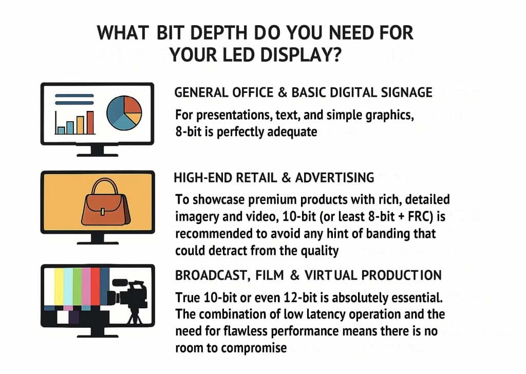 infographic detailing What Bit Depth Do You Need for a particular LED display application