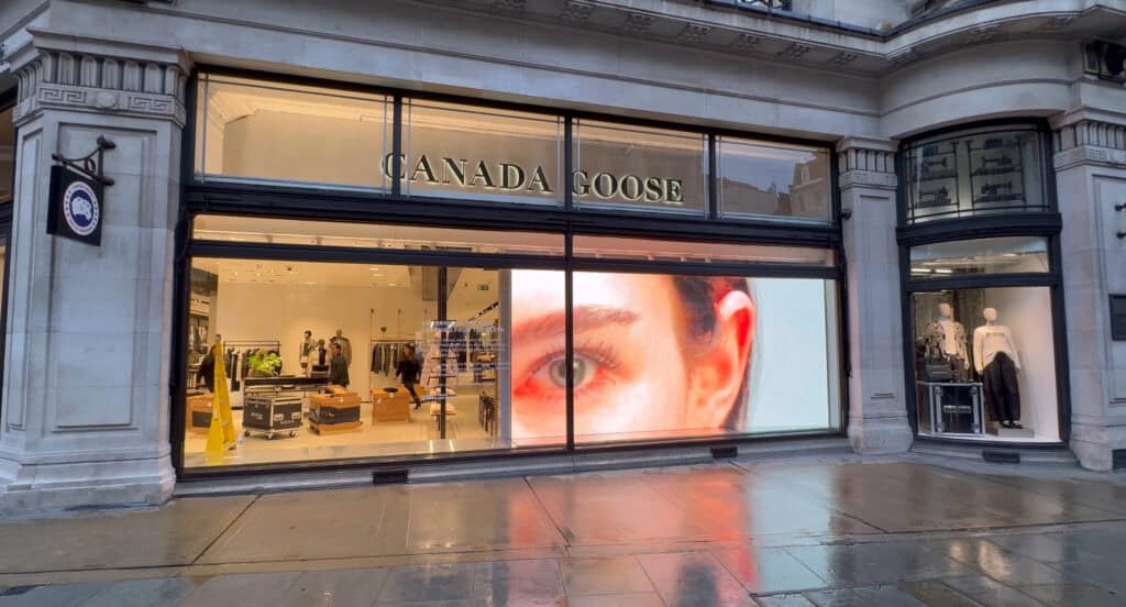 Canada Goose Regent Street LED window display by Dynamo — 5m × 2.5m, P2.6, daylight‑bright