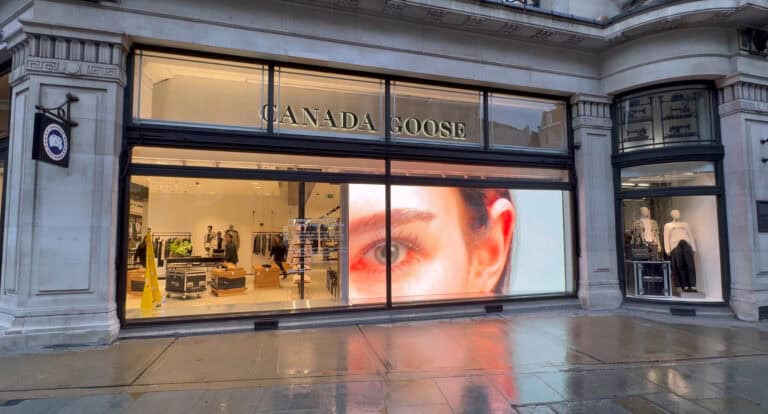 Canada Goose Regent Street LED window display by Dynamo — 5m × 2.5m, P2.6, daylight‑bright