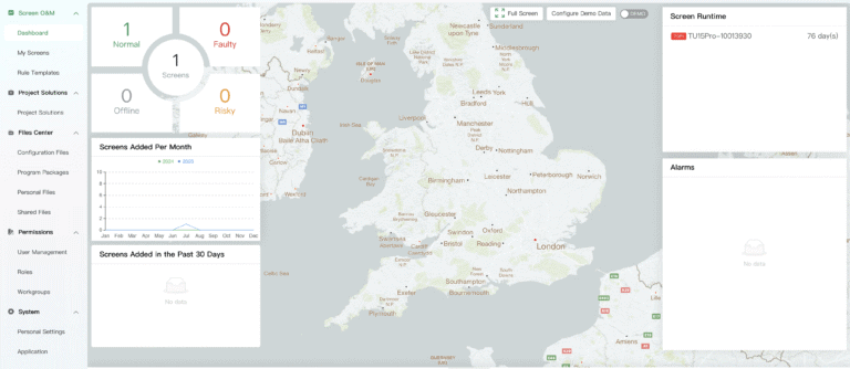 Dynamo CMS monitoring software interface showing remote screen status and scheduling options.