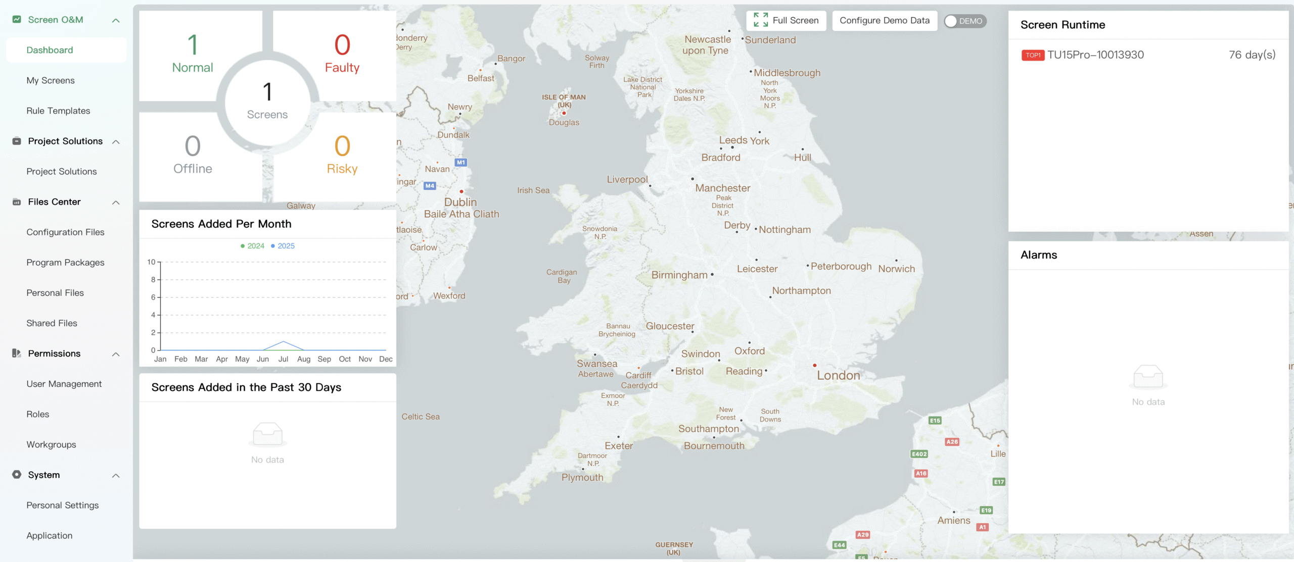 Dynamo CMS monitoring software interface showing remote screen status and scheduling options.