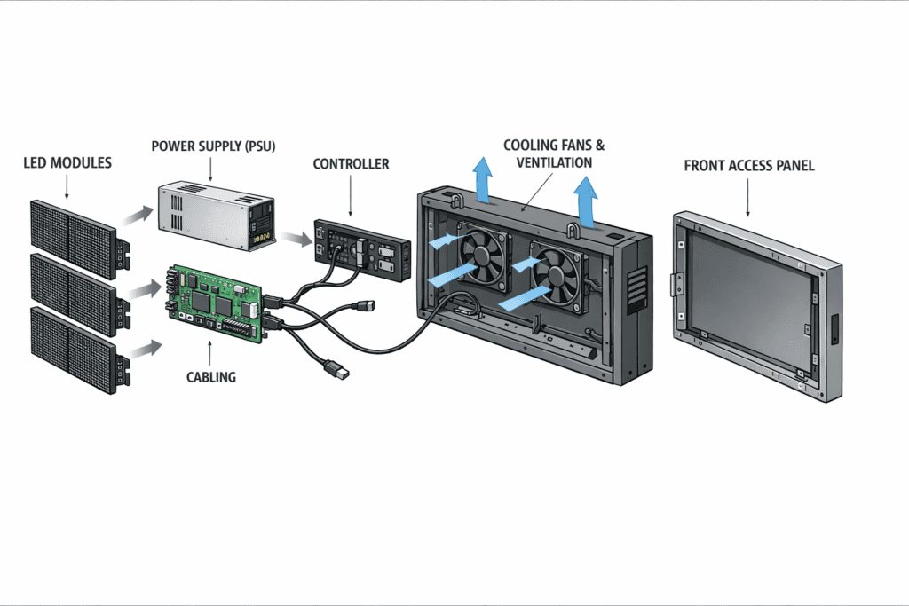 Exploded diagram of LED sign board components: modules, PSU, controller, ventilation.