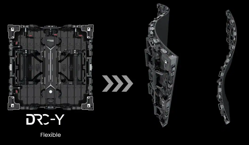 Flexible LED display system showing modular soft-panel construction for curved installations