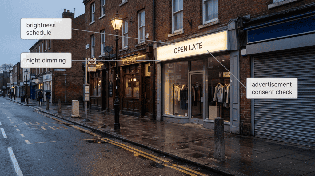 UK illuminated sign with callouts for brightness control and advertisement consent checks.