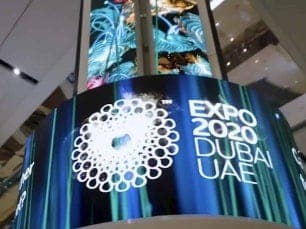 Close-up of flexible LED modules wrapped around a column to form a curved screen.