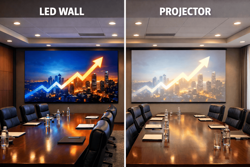 Side‑by‑side comparison of LED display and projector performance in a conference room.