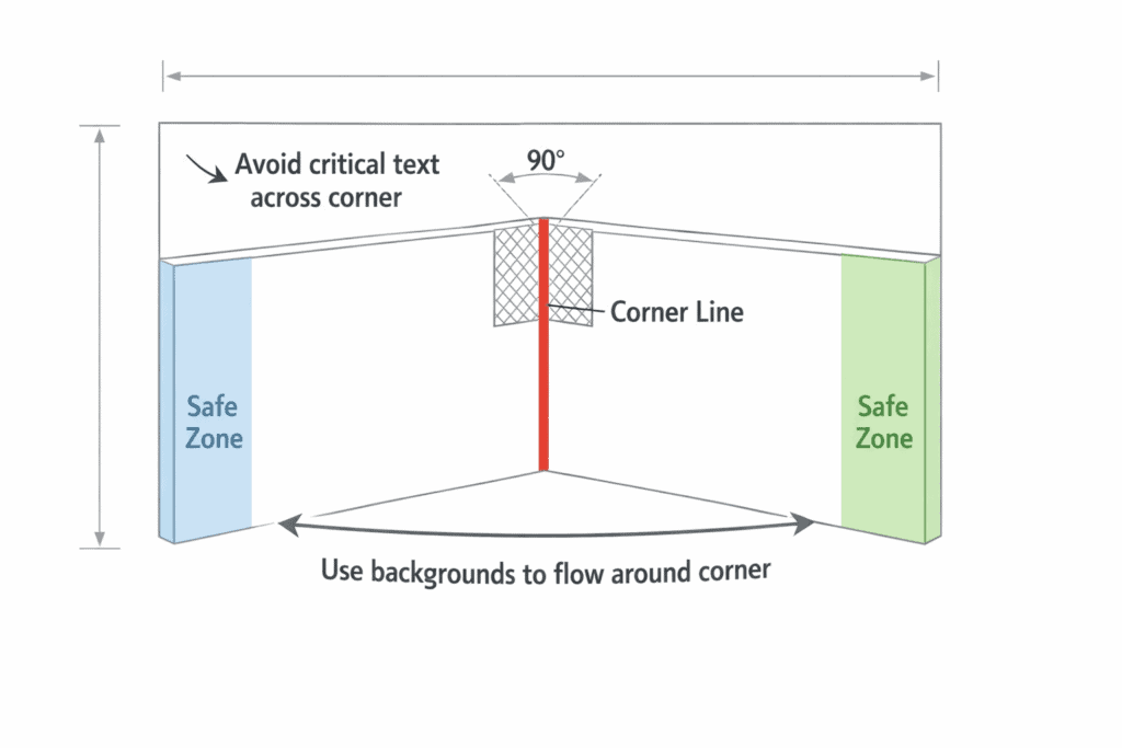 Diagram showing recommended safe zones for text on a right‑angle LED wall.