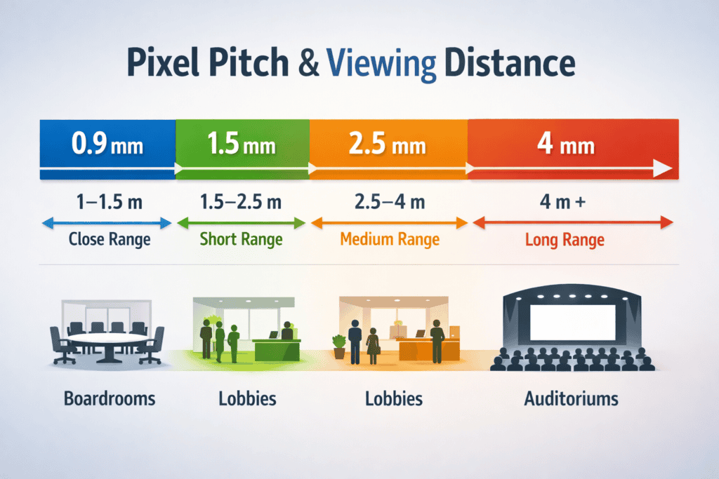 Illustration showing how pixel pitch affects viewing distance for LED displays.
