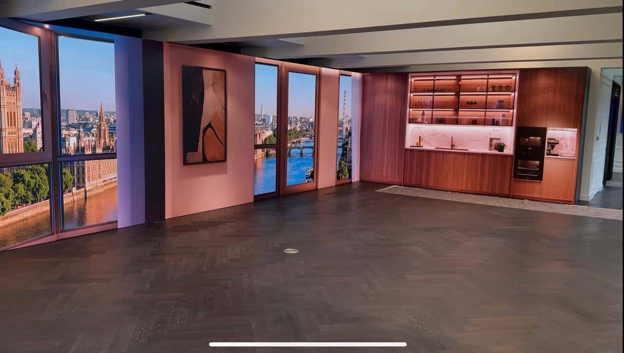 Luxury apartment LED window installation Mayfair London — floor-to-ceiling LED panels showing Thames view by Dynamo LED Displays