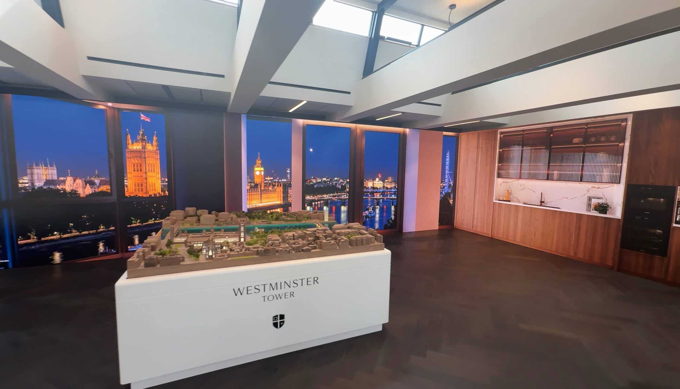 Westminster Tower marketing suite LED wall showing London Eye and Thames panorama