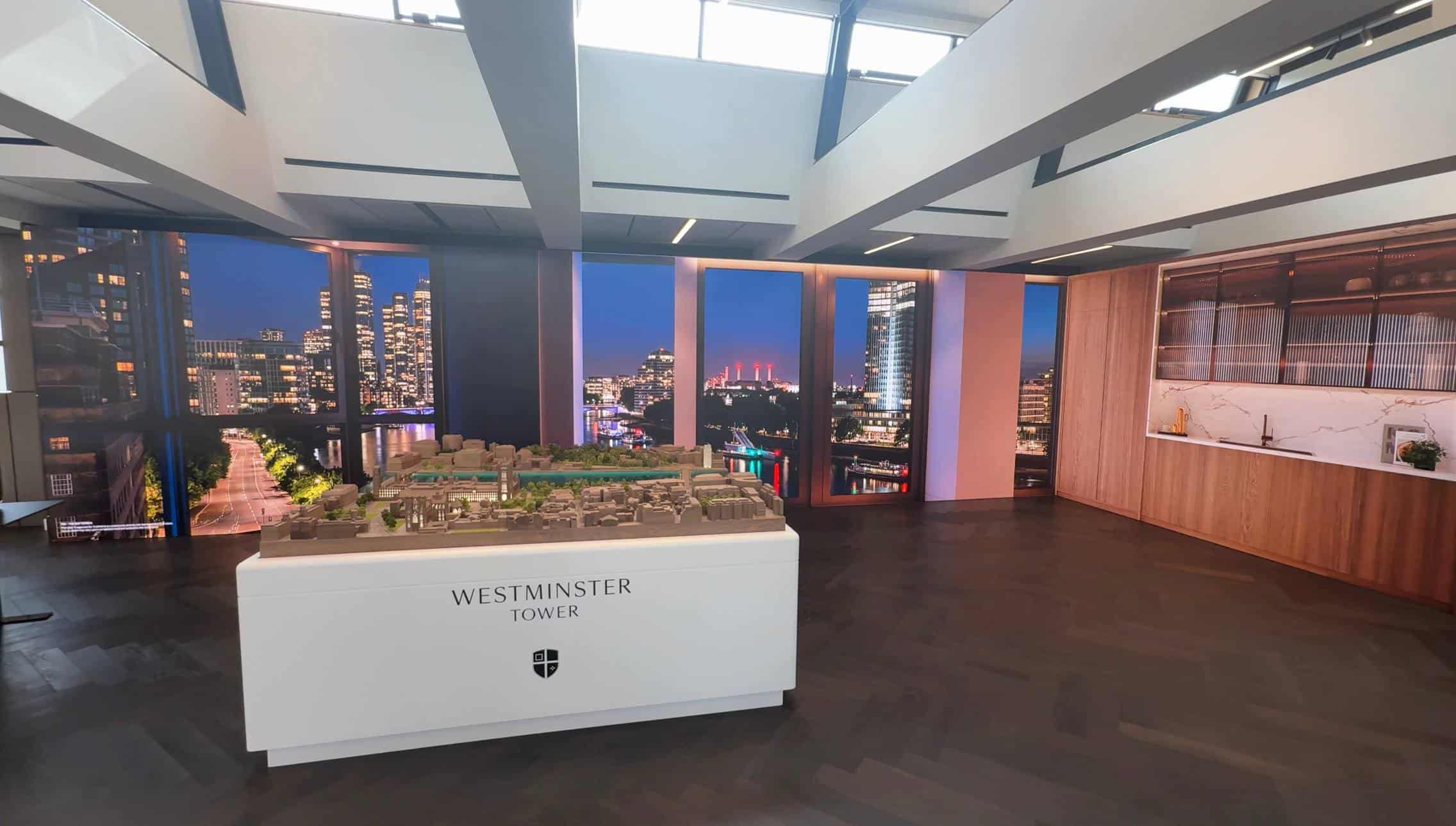 Bespoke timber window surrounds framing marketing suite LED wall panels, Westminster Tower sales suite