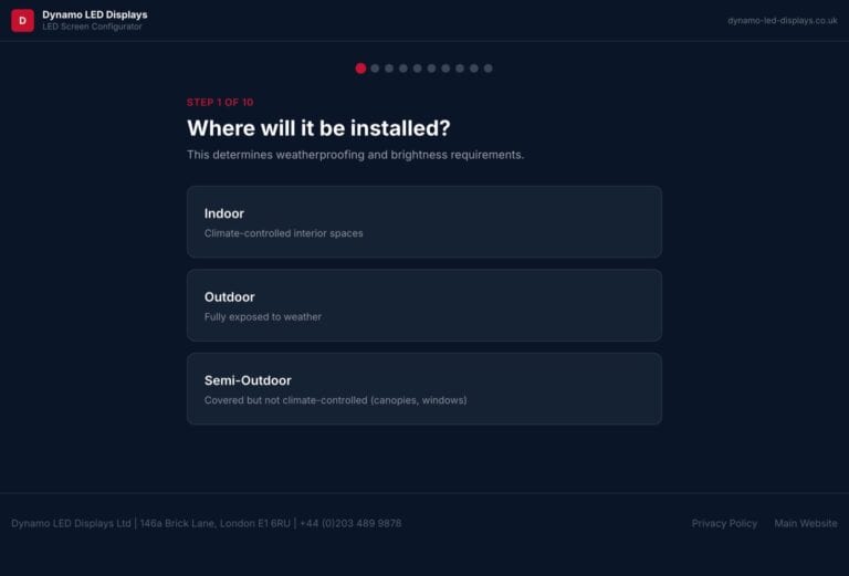 Dynamo LED Configurator hero image showing the live tool interface with cabinet and processor recommendations