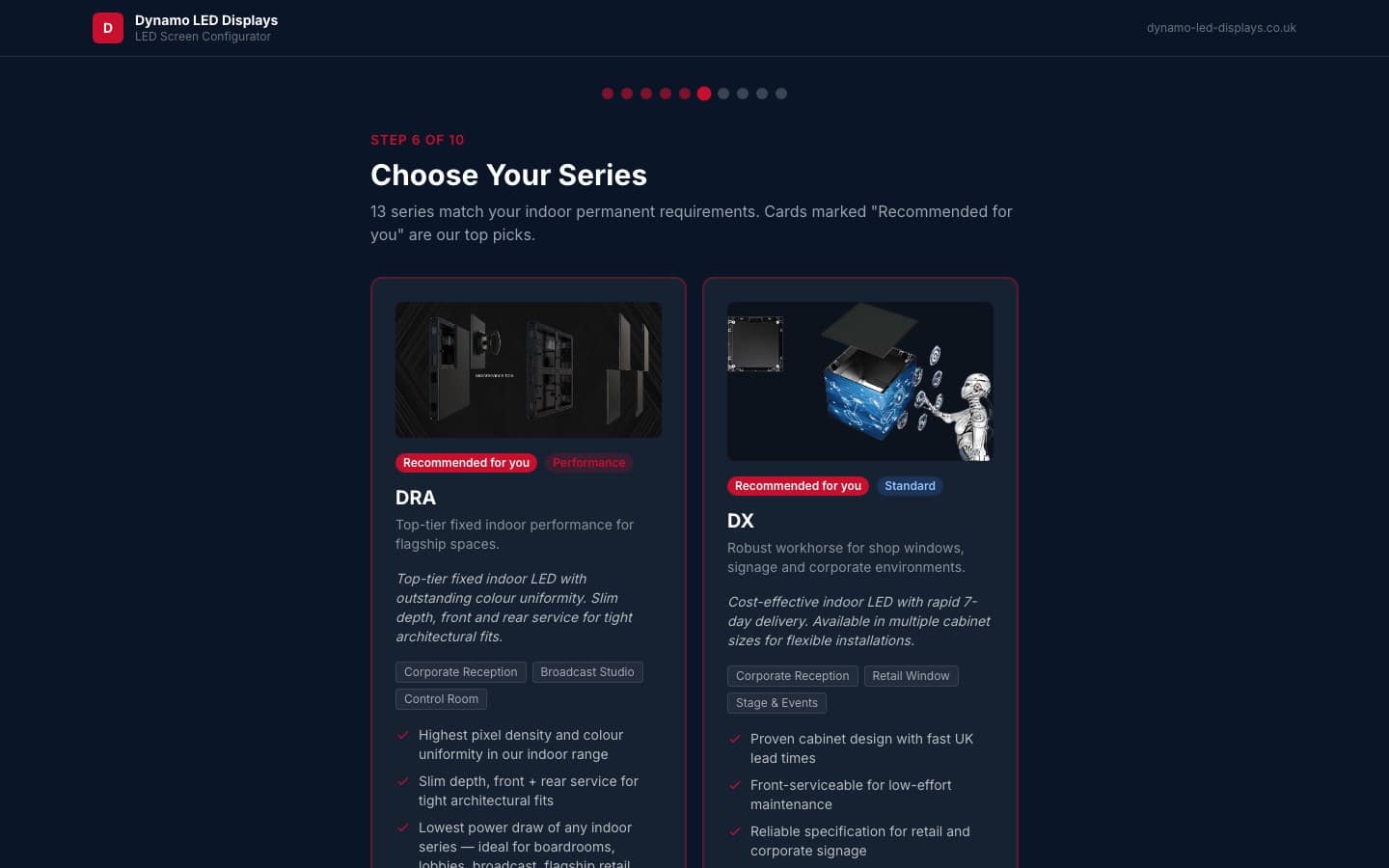 Dynamo LED Displays configurator showing live cabinet preview and spec summary