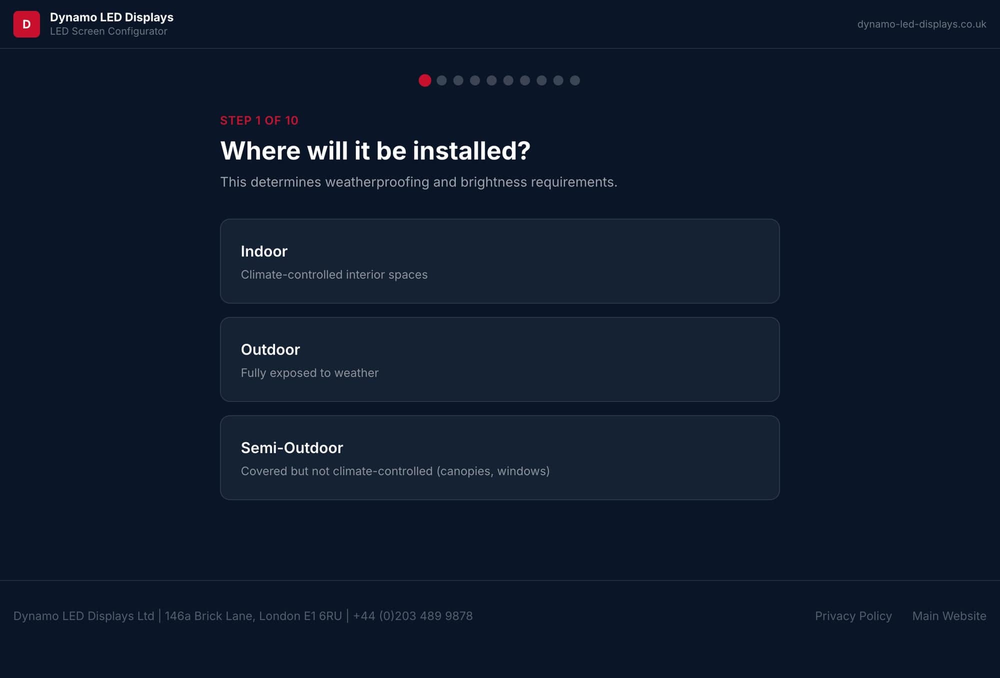 Dynamo LED Configurator Step 1 — choose where the screen will be installed
