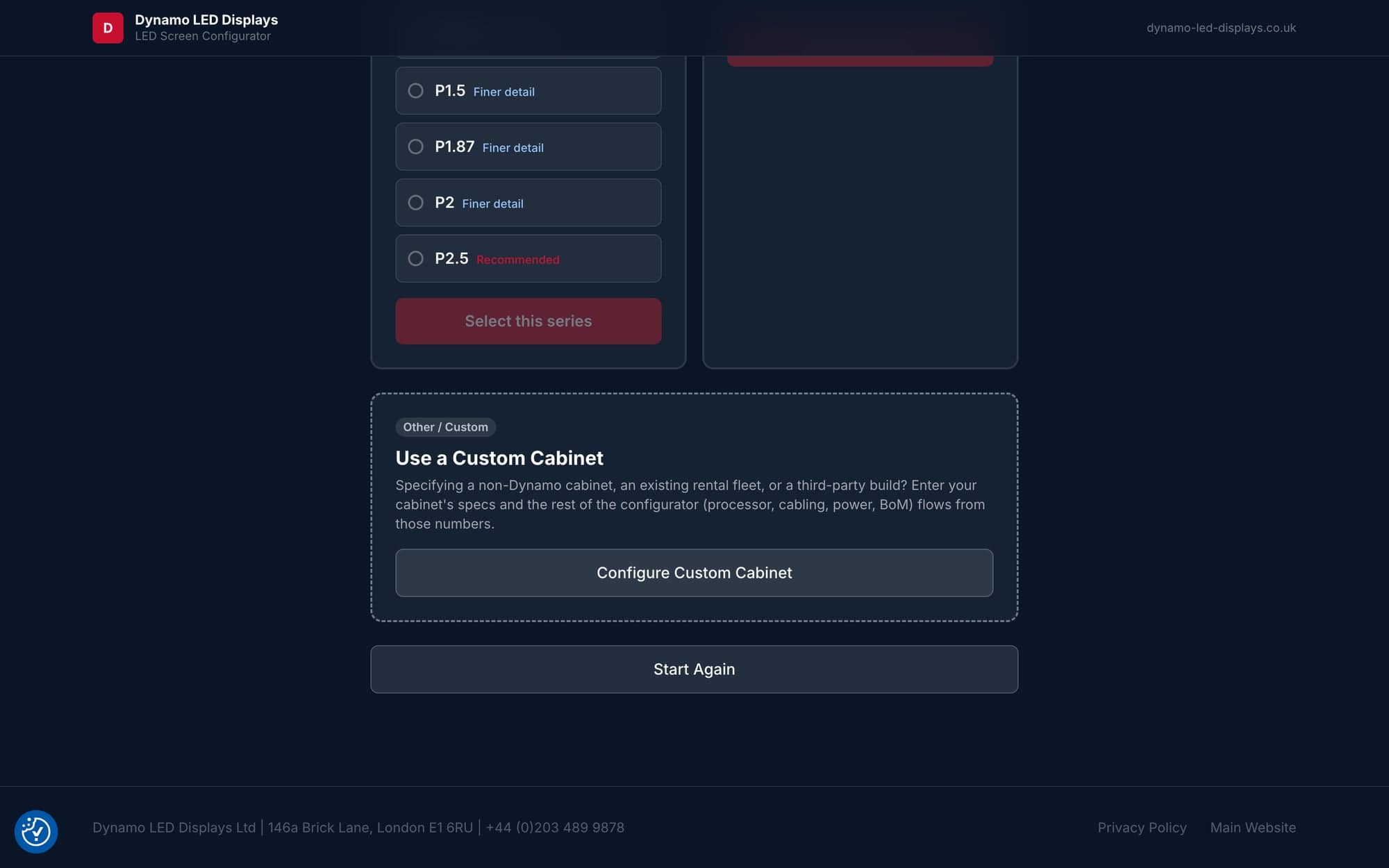 Configurator Step 6 — Use a Custom Cabinet option for any third-party or rental fleet panel
