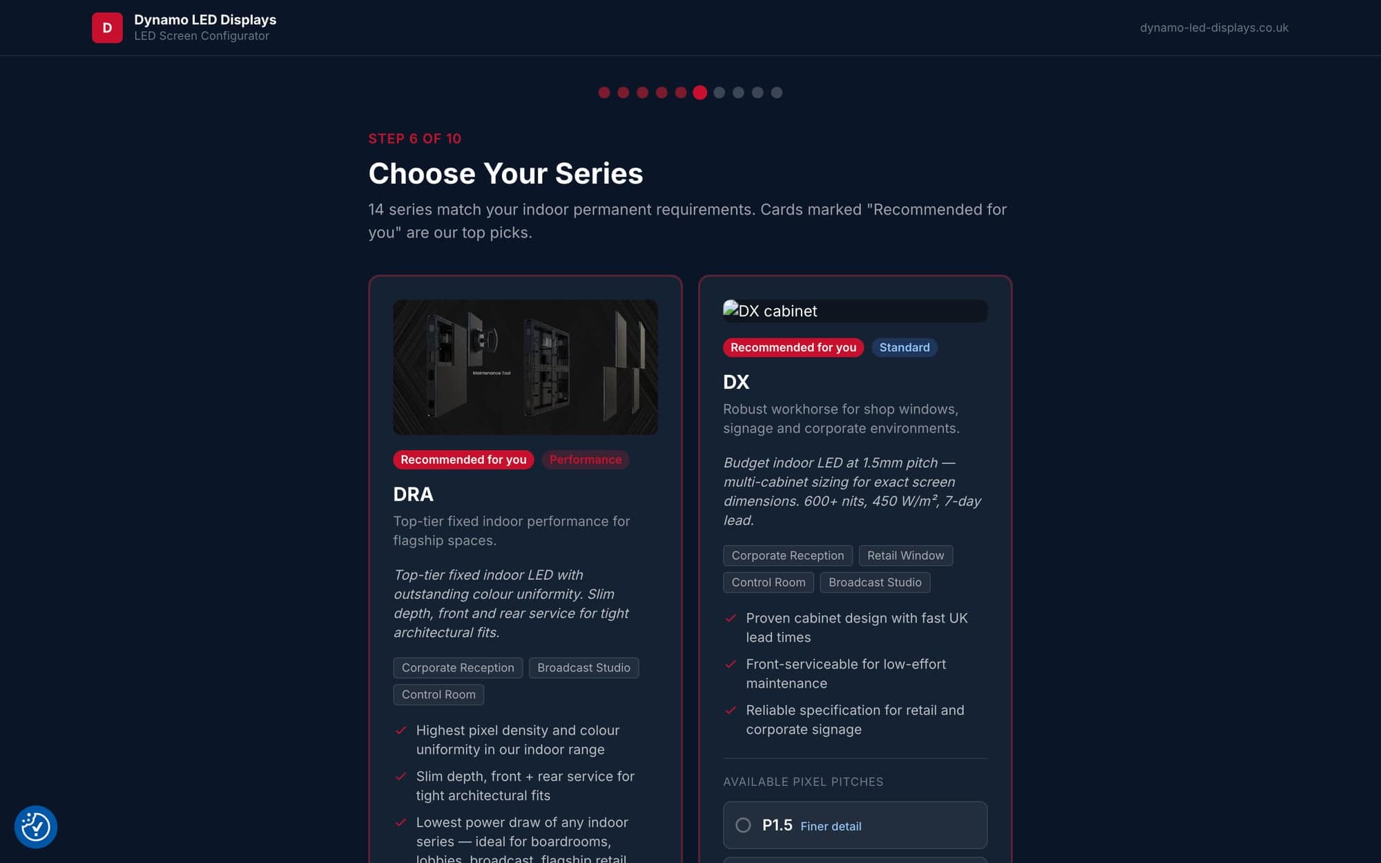 Configurator Step 6 — choose your series, showing the Dynamo cabinet range with pixel pitch options