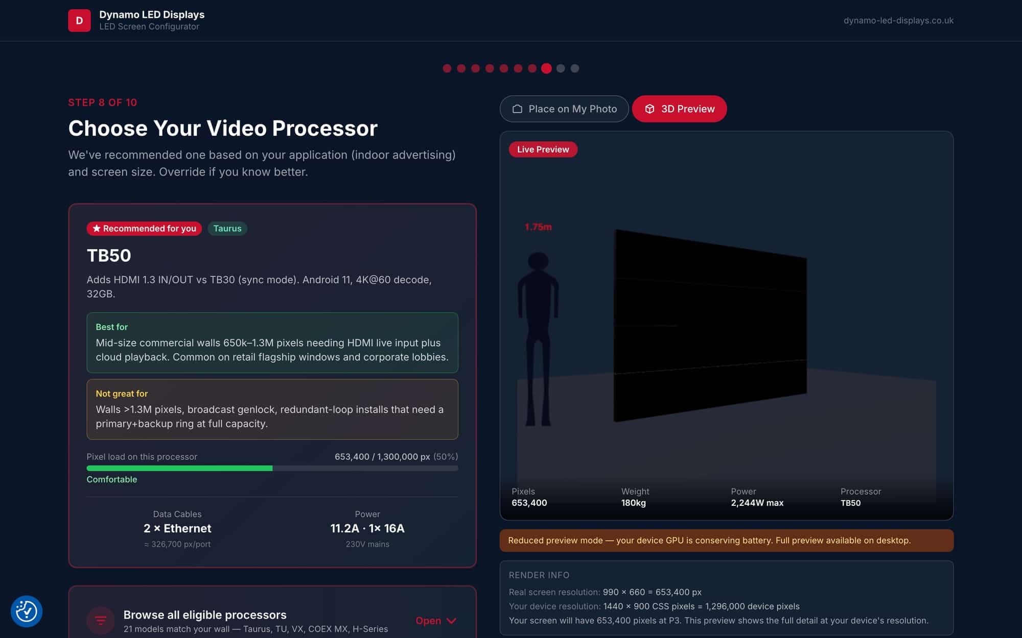 Configurator Step 8 — Choose Your Video Processor with the matched recommendation and pixel-load summary