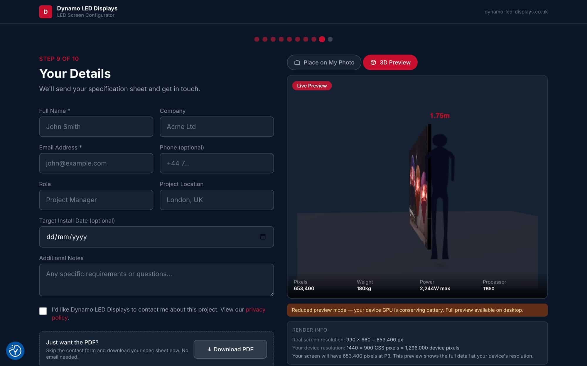 Configurator Step 9 — Your Details form for sending or downloading the specification PDF