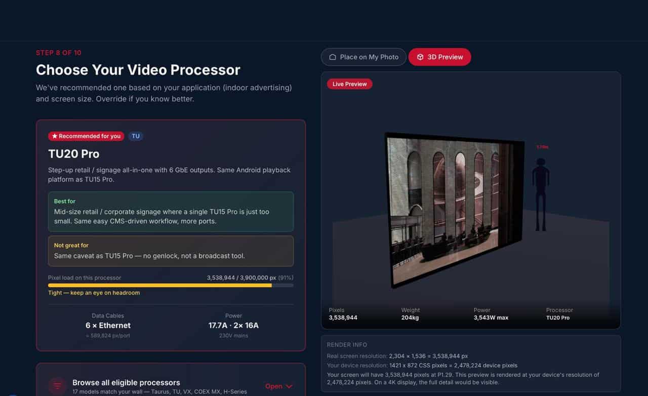 Dynamo LED screen configurator recommending a NovaStar TU20 Pro processor for a P1.29 indoor advertising wall, with live 3D preview showing pixel count, weight, power draw and a human silhouette for scale