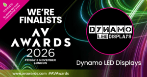 AV Awards 2026 finalist card for Dynamo LED Displays Limited and the Auto Trader Manchester HQ project