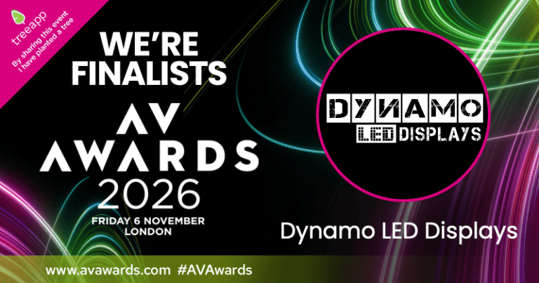 AV Awards 2026 finalist card for Dynamo LED Displays Limited and the Auto Trader Manchester HQ project
