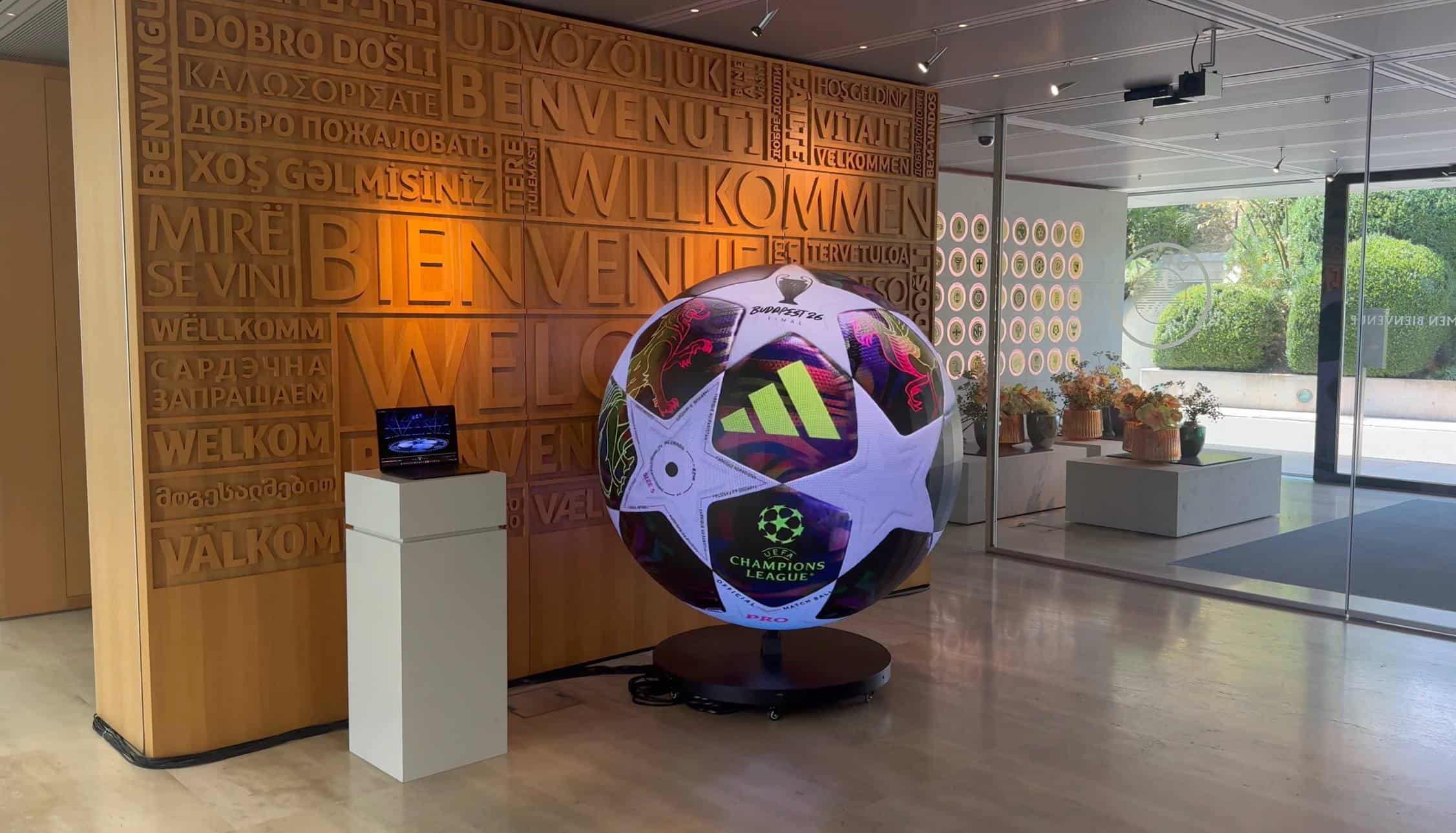 Champions League final match ball graphic wrapping the 2,513 x 1,256 px P1.8 LED sphere at UEFA's headquarters