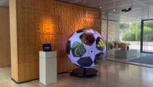 1.5 m P1.8 LED sphere showing the 2026 Champions League final match ball in the lobby of UEFA's headquarters