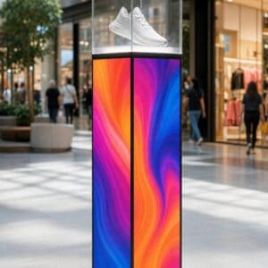 Dynamo LED Plinth with Glass Enclosure in a shopping mall: LED on all four sides of the plinth, 320 x 960 mm per face, with a clear glass product enclosure on top