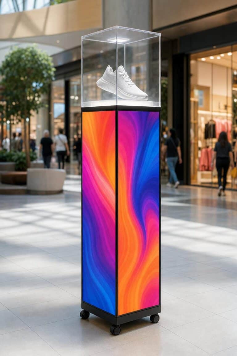 Dynamo LED Plinth with Glass Enclosure in a shopping mall: LED on all four sides of the plinth, 320 x 960 mm per face, with a clear glass product enclosure on top