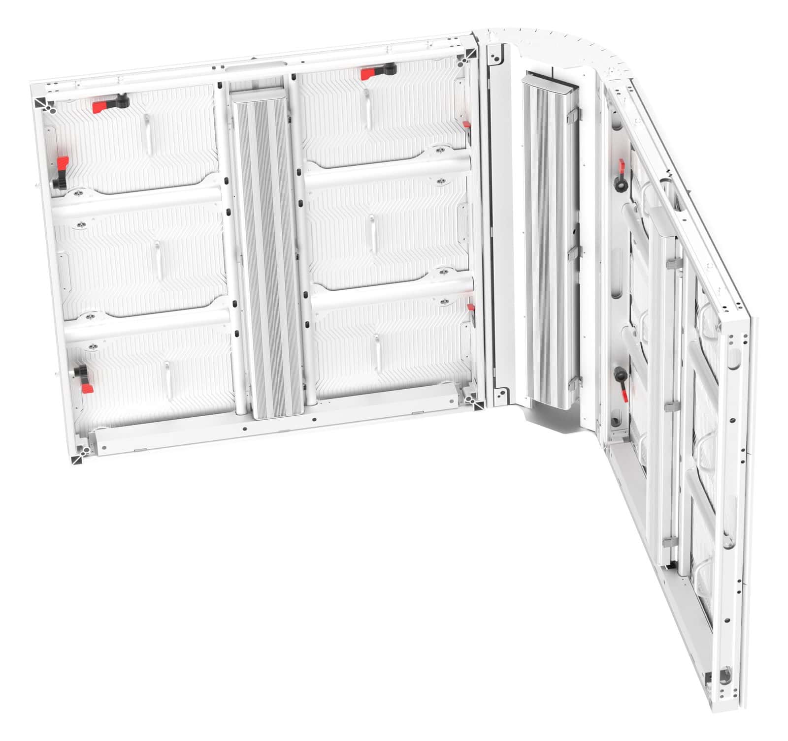 DHB Series 45-degree cabinet joining two outdoor LED cabinets around a building corner, rear view