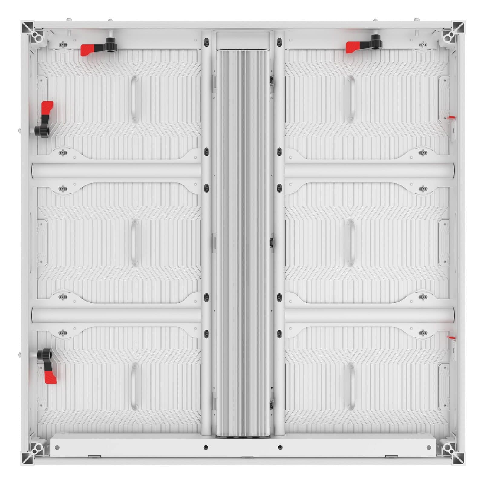Rear of the DHB Series 960 x 960 mm aluminium cabinet showing six module bays and the central power and data spine