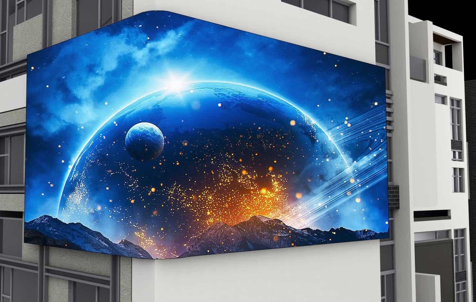 Curved DHB Series outdoor LED display wrapped around a building corner (render)