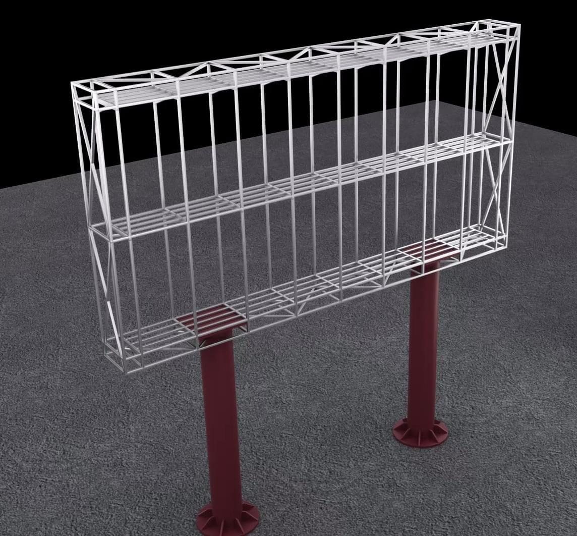 Steel foot-mounted frame for a DHB Series roadside LED display on two posts (render)