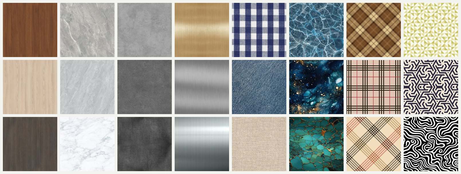 DSK Series finish samples: veneer, marble, concrete, metal, textile, gemstone, fabric and pattern