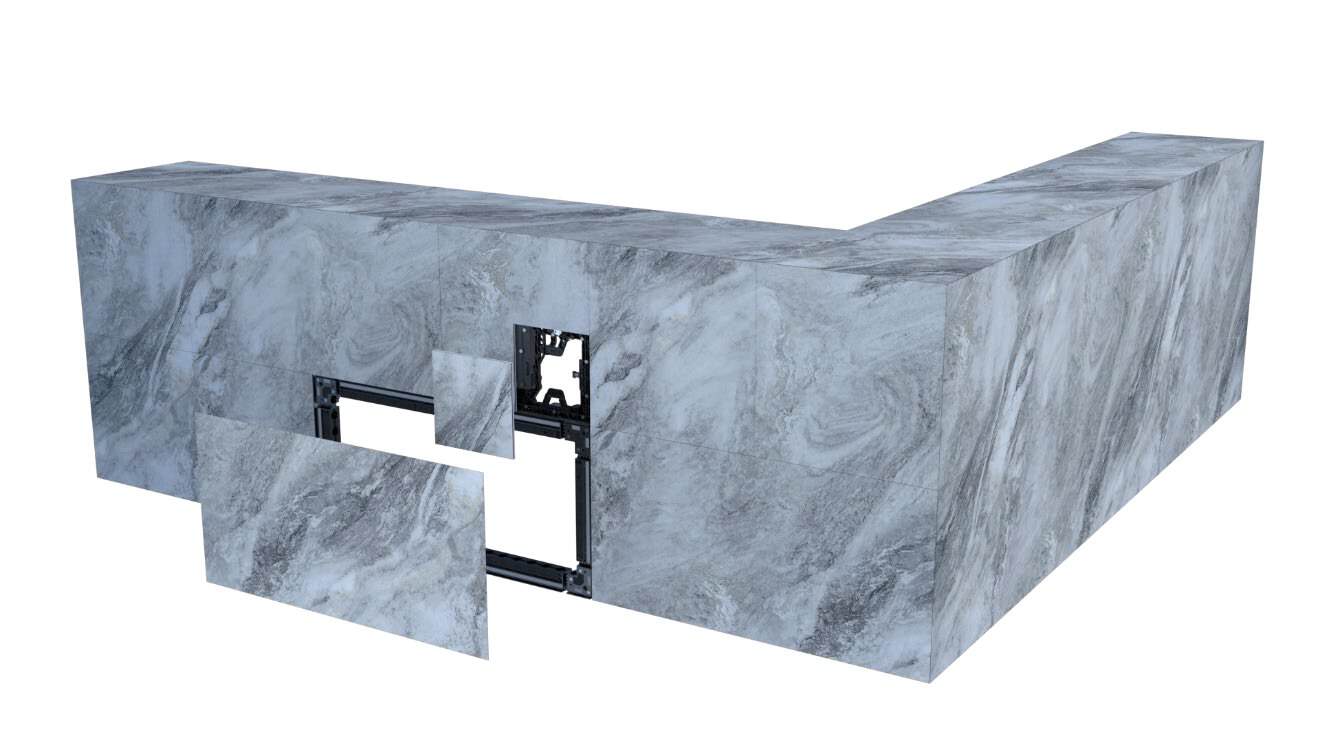 DSK Series marble-finish bar counter switched off, one finish panel lifted to show the LED module behind it