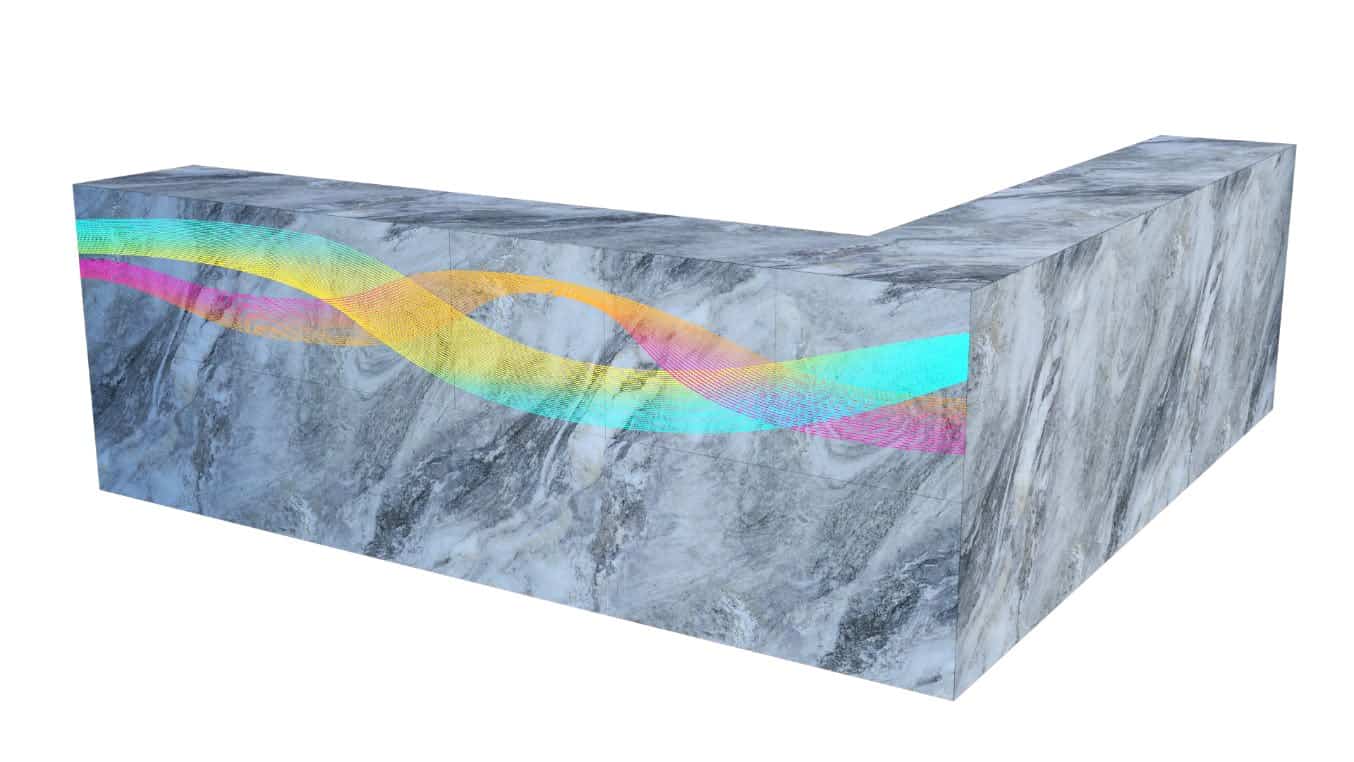 DSK Series marble-finish bar counter with the hidden LED screen switched on