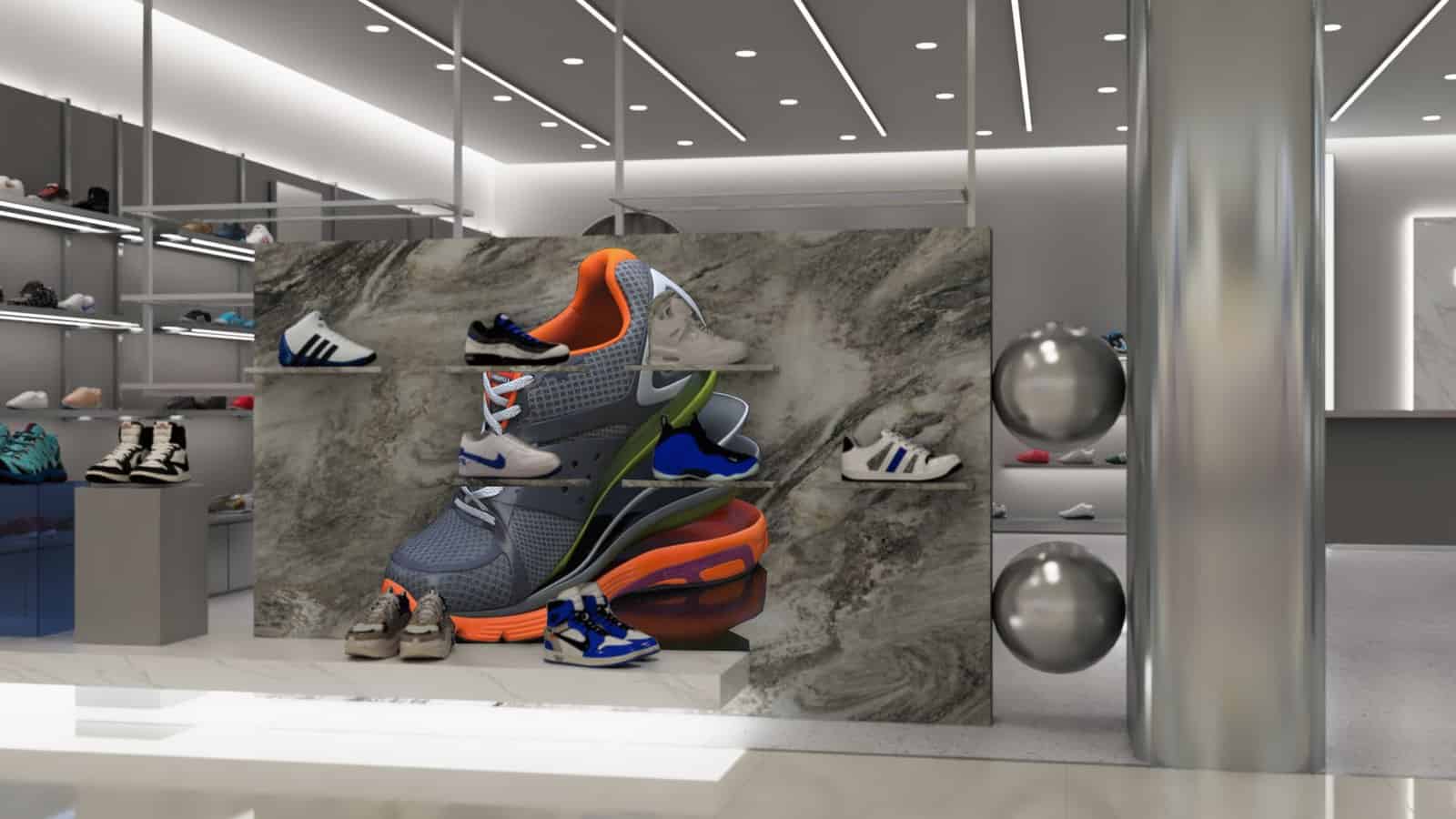 DSK Series stone-finish retail display wall with tray extensions carrying product over the hidden LED screen