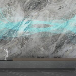 DSK Series hidden LED screen in a marble finish on a reception wall, with the LED picture showing through the finish