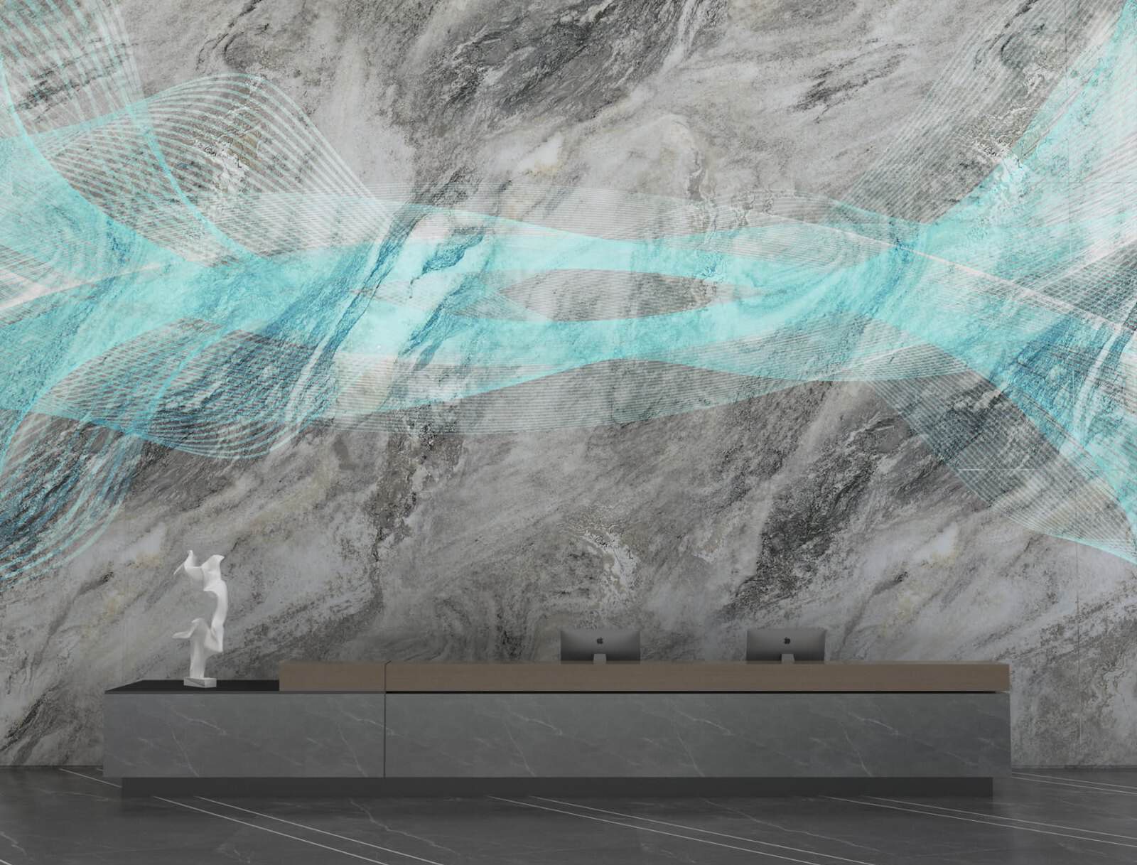 DSK Series hidden LED screen in a marble finish on a reception wall, with the LED picture showing through the finish