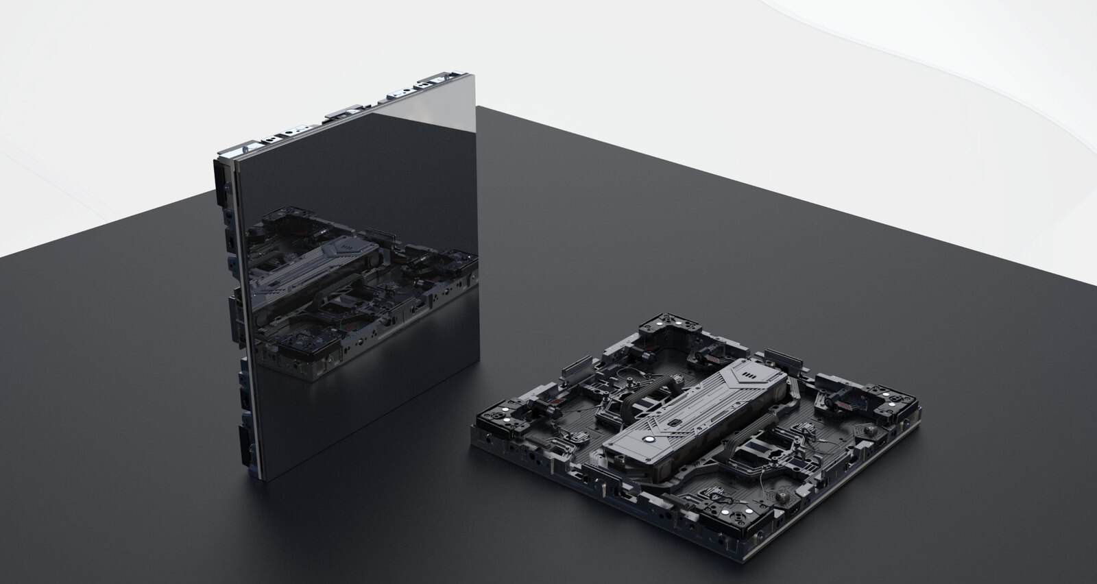 DSK Series 500 x 500 mm LED cabinet with a mirror finish, with the cabinet rear alongside