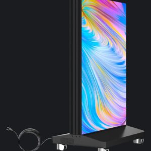 Dynamo Foldable LED Poster open on its wheeled base with the mains lead plugged in, 640 x 1,920 mm display