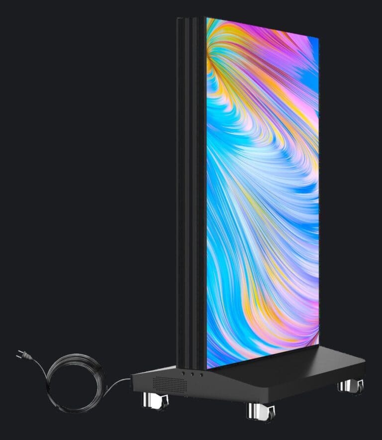 Dynamo Foldable LED Poster open on its wheeled base with the mains lead plugged in, 640 x 1,920 mm display