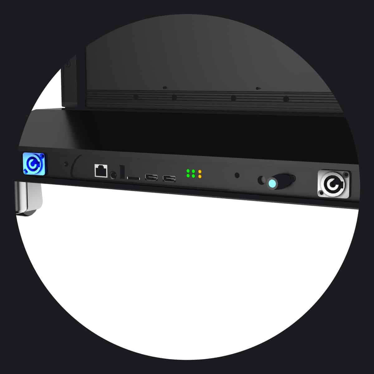 Dynamo Foldable LED Poster recessed connection panel in the base: mains in and out, network, USB and HDMI