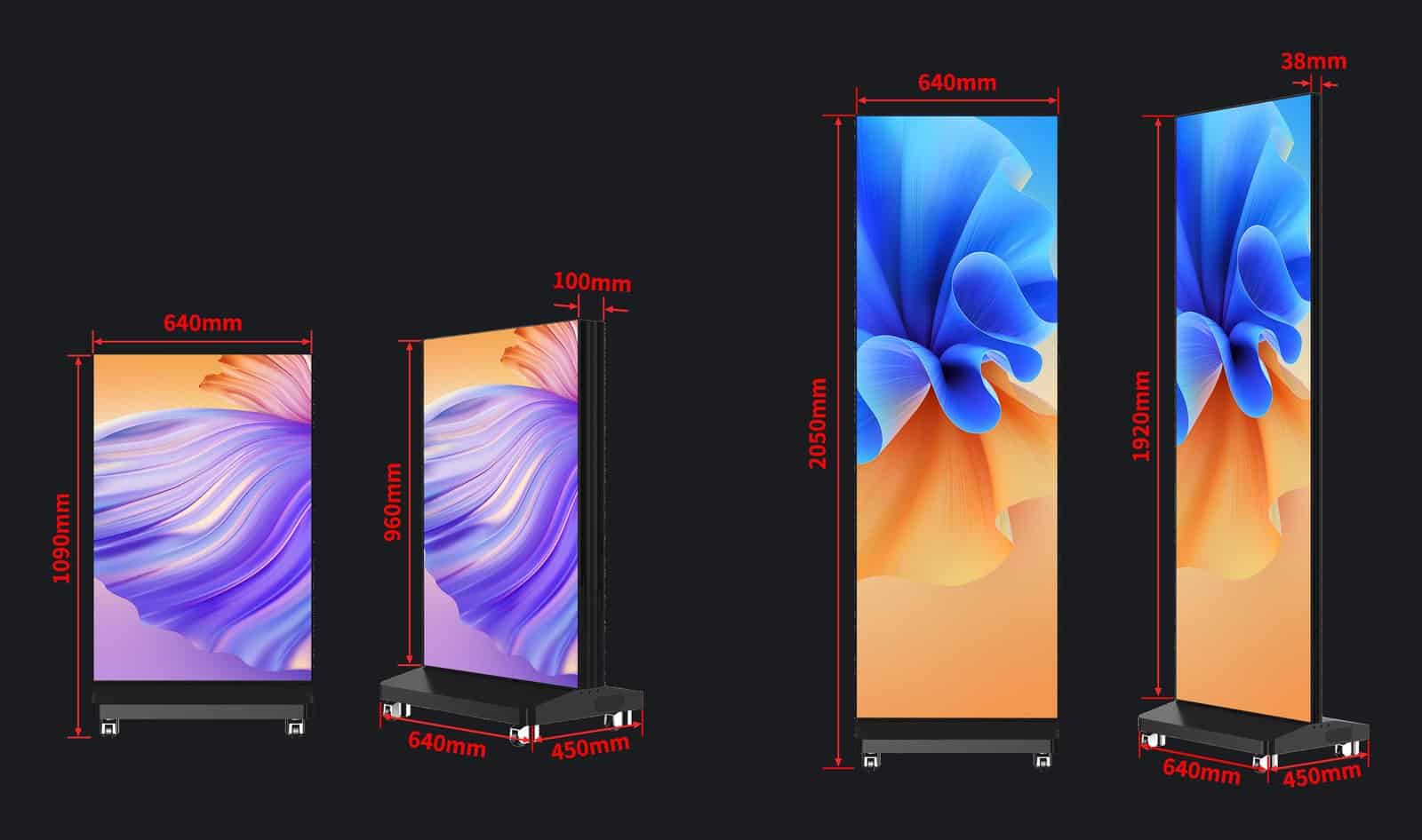 Dynamo Foldable LED Poster dimensions: folded 640 x 1,090 x 100 mm; open 650 x 2,050 x 45 mm overall, with a 640 mm wide display and a 38 mm cabinet