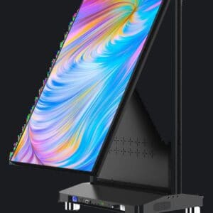Dynamo Foldable LED Poster folded in half at the mid-height hinge, 1,090 mm high for transport