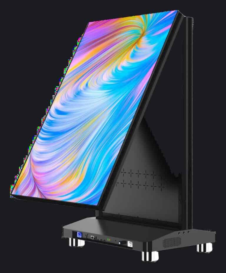 Dynamo Foldable LED Poster folded in half at the mid-height hinge, 1,090 mm high for transport