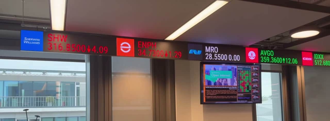The LED ticker run continuing along the trading floor ceiling at PIMCO's new London office, 25 Baker Street