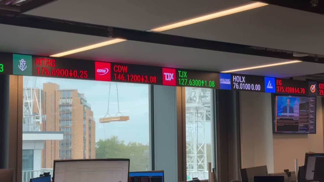 Wide view of the 250 mm high trading floor LED ticker above the broadcast screens and trading desks at PIMCO, 25 Baker Street